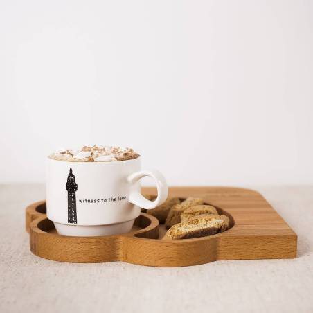Tăviță din lemn de fag, cu suport pentru biscuiți și locaș pentru cană / ceașcă de cafea / ceai, vedere laterala